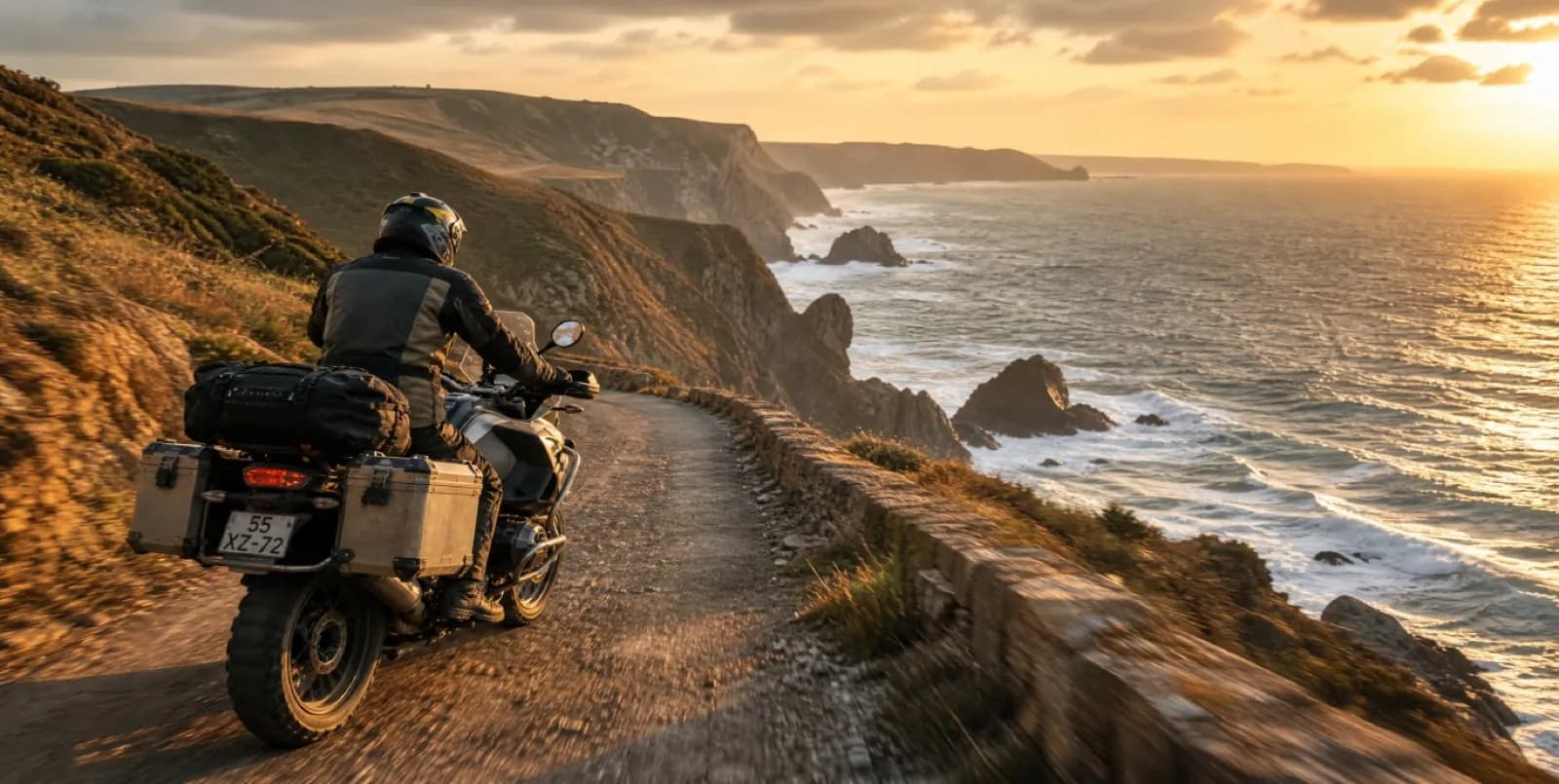 Motociclista contemplando as falésias do Oceano Atlântico ao pôr do sol