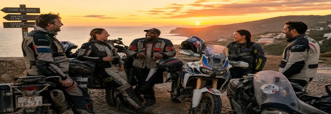 Grupo de motociclistas confraternizando ao pôr do sol no Cabo da Roca